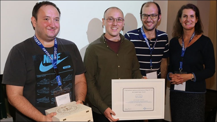 At the conference dinner held on 24 October in the VOEST Alpine Guest House, Matus Tomlein (center, holding certificate) was honored by PC-Chairs Stefan Schneegass (left) and Simon Mayr (right). The award certificate and the famous